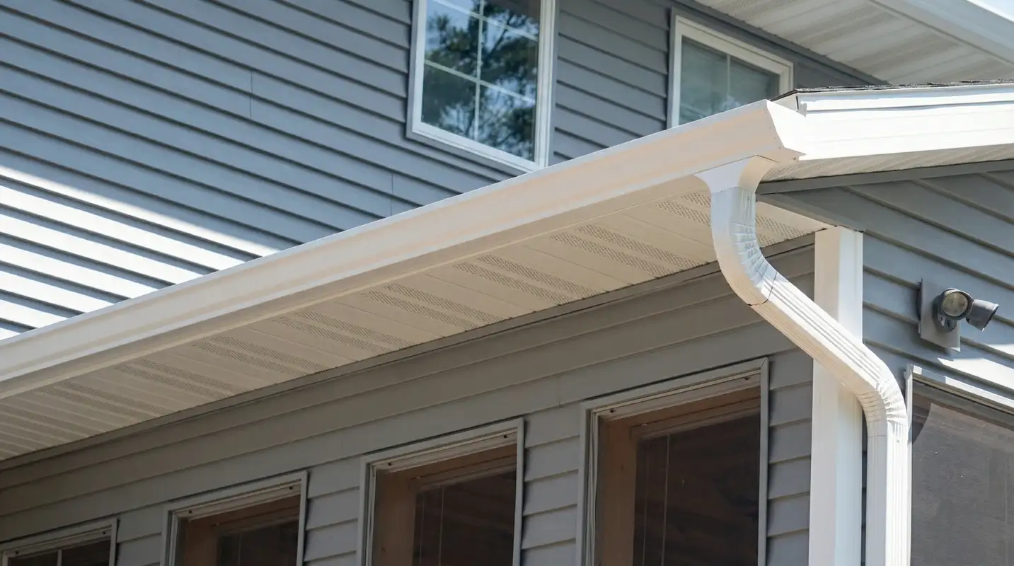 Professional home remodeling project showing newly installed white seamless gutters and downspouts on a house with gray siding in Syracuse, NY