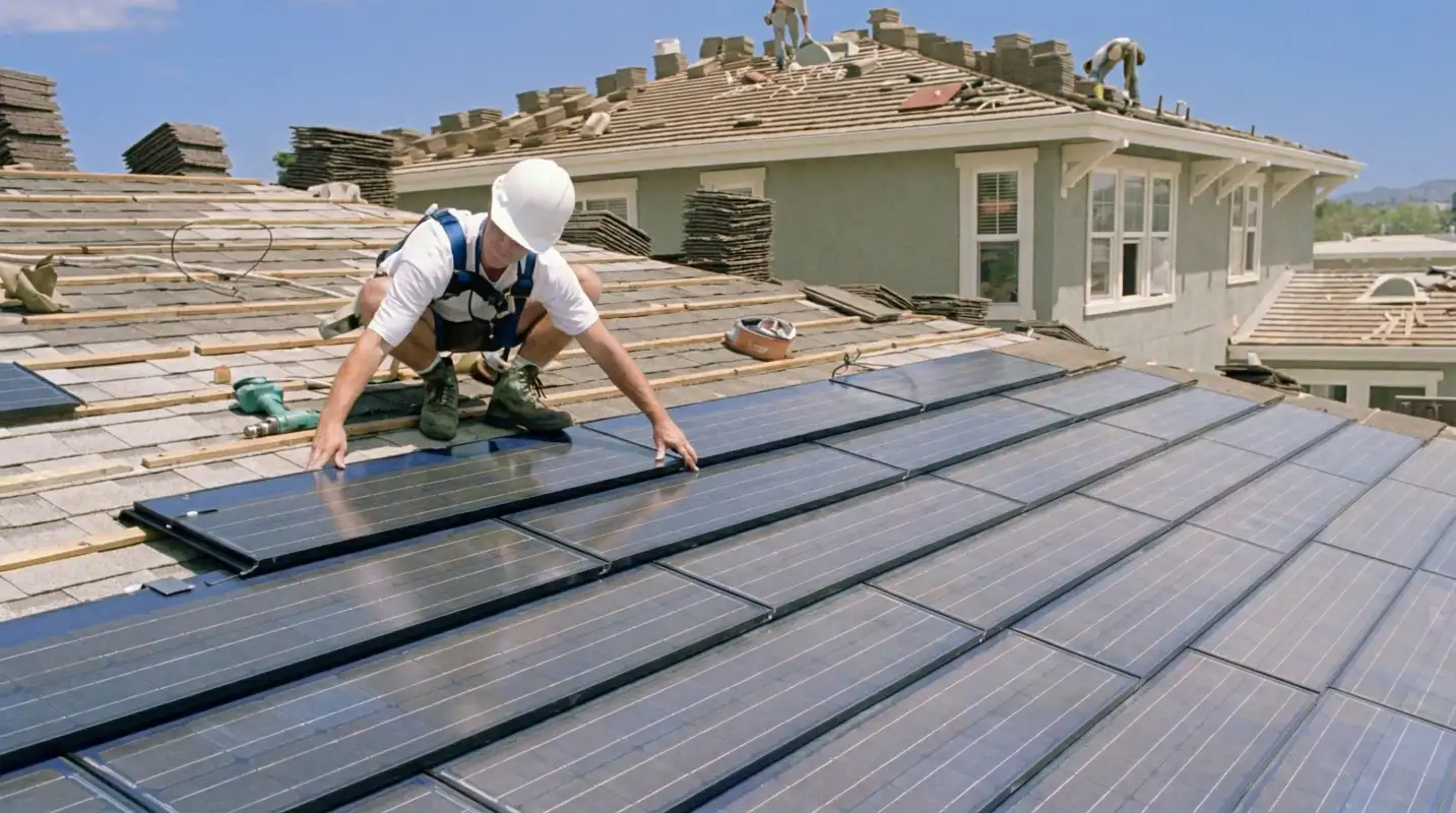 Roof replacement expert installing modern solar shingles on a residential home in Syracuse, NY
