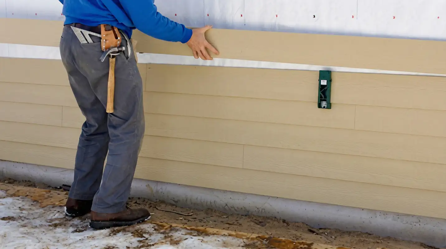 Siding replacement expert carefully aligning a new tan siding panel onto a residential exterior wall in Syracuse, NY