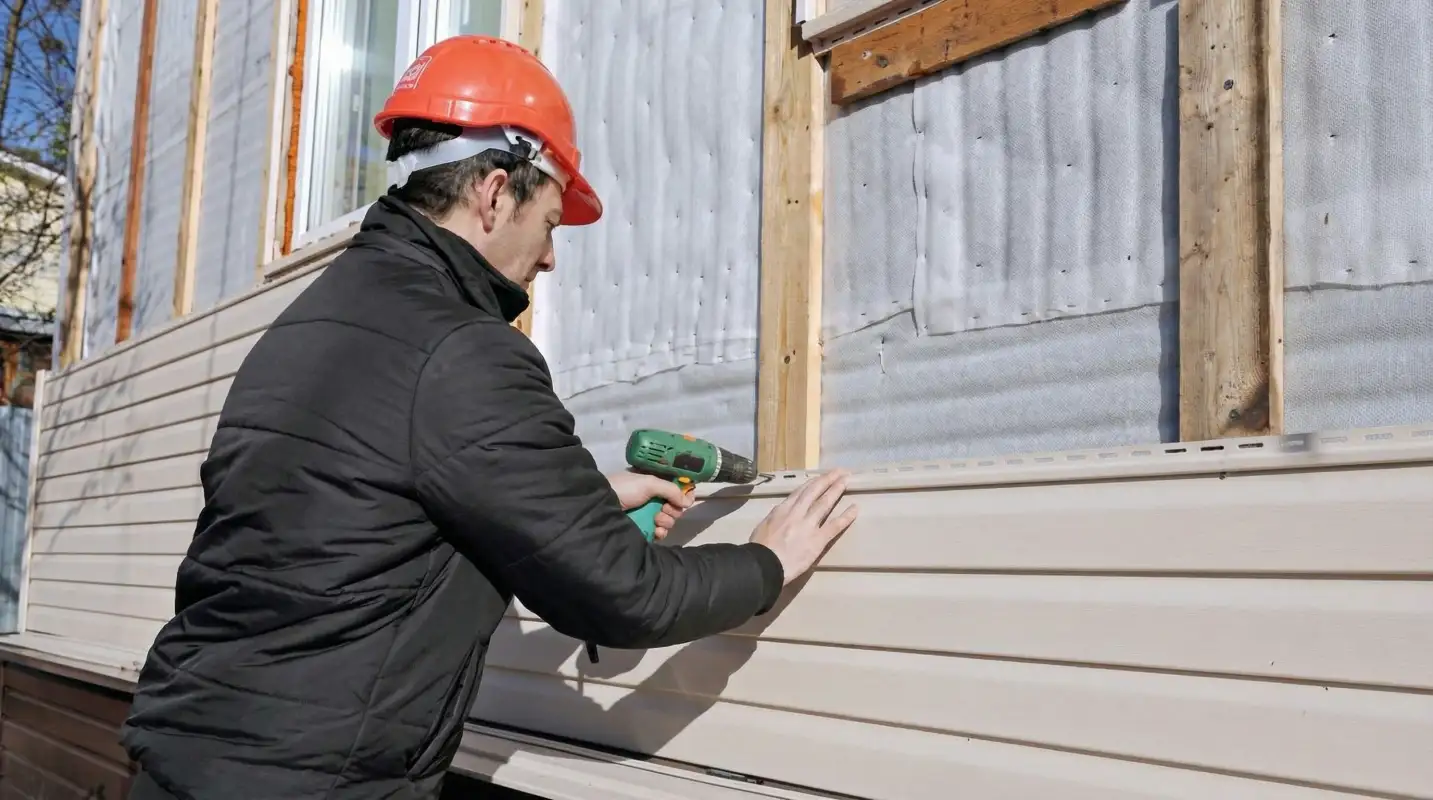 Siding replacement professional using a power drill to install new tan vinyl siding on a home exterior in Syracuse, NY