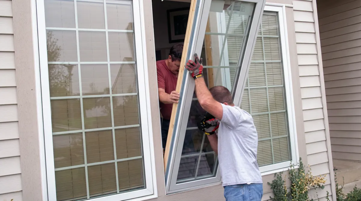 Professional home remodeling team installing a large replacement window on a house with tan siding in Syracuse, NY